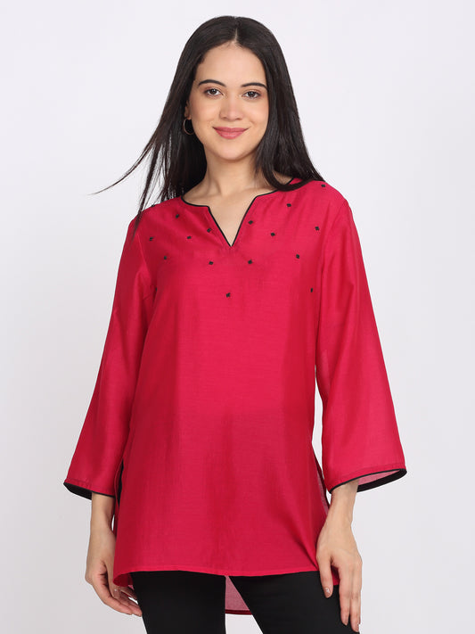 Shaye fuchsia kurti cotton embroidered for women front view