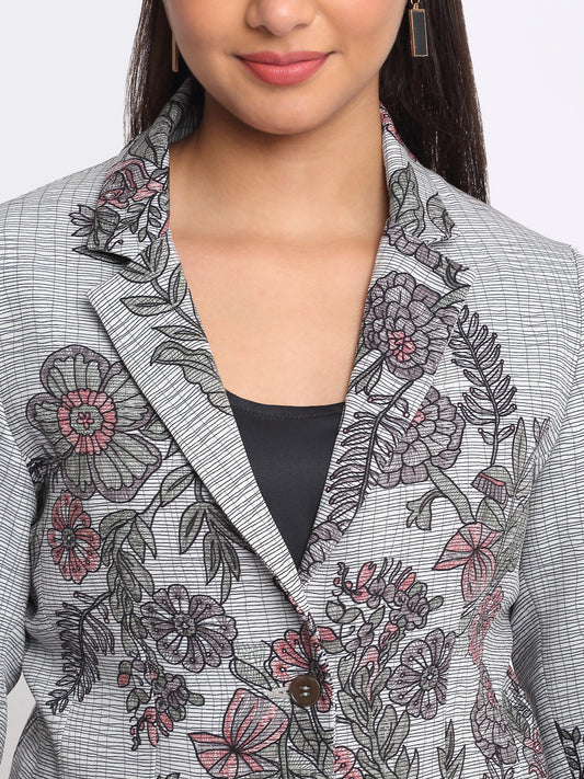 Sorority Blazer by Shaye grey floral print notch lapel collar button closure premium poly lycra fabric