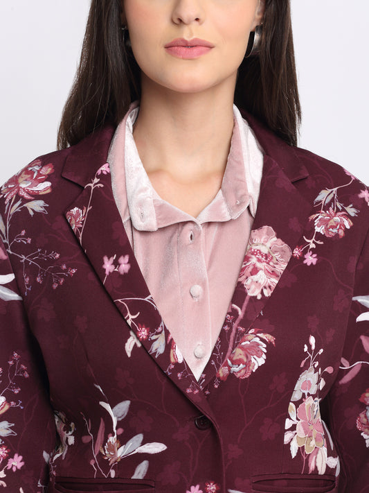 Detail shot of Shaye Savy wine floral blazer neckline and collar – luxurious satin party blazer for women