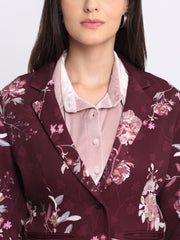 Detail shot of Shaye Savy wine floral blazer neckline and collar – luxurious satin party blazer for women