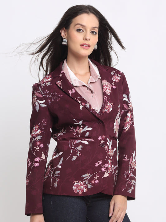 ine floral print Savy blazer with notch collar and full sleeves by Shaye India – elegant satin party blazer for women