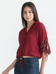 Shaye maroon party crop shirt polyester regular fit curved hem angle view for women