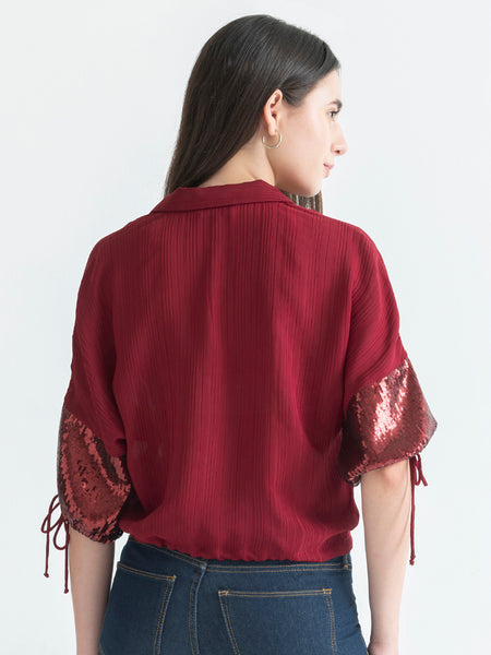 Shaye maroon party crop shirt polyester regular fit straight hem back view for women