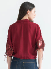 Shaye maroon party crop shirt polyester regular fit straight hem back view for women