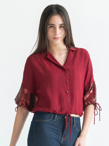 Shaye maroon party crop shirt polyester drawstring sleeve side view for women