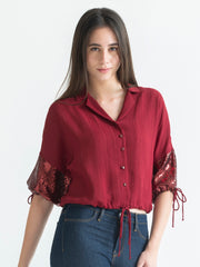 Shaye maroon party crop shirt polyester drawstring sleeve side view for women