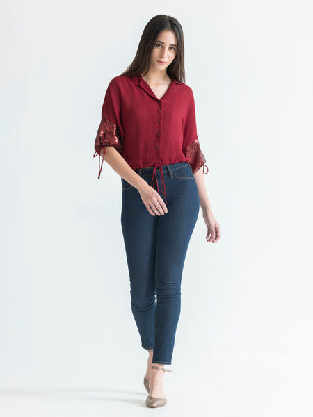 Shaye maroon party crop shirt polyester notch collar styled with black pants regular fit for women