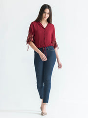 Shaye maroon party crop shirt polyester notch collar styled with black pants regular fit for women
