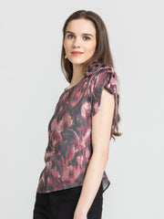 Shaye mauve printed top satin boat neck extended sleeve printed knot relaxed fit three-quarter angle for women