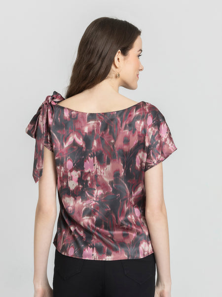 Shaye mauve printed top satin back view curved hem printed shoulder knot relaxed fit for women