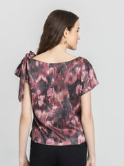 Shaye mauve printed top satin back view curved hem printed shoulder knot relaxed fit for women