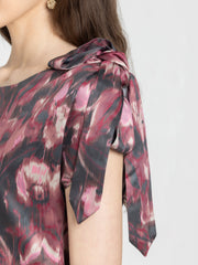 Shaye mauve printed satin top printed knot detail on extended short sleeve close-up for women