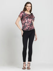 Shaye mauve printed top satin styled with black pants shirt boat neck shoulder knot relaxed fit for women