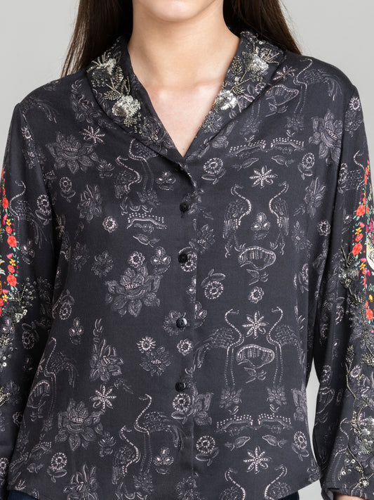 Shaye Midnight modal satin party shirt hand embroidery on collar detail view