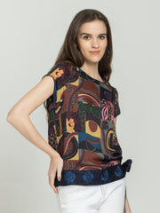 Shaye navy blue printed party top modal satin boat neck relaxed fit side angle for women