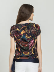 Shaye navy blue printed party top modal satin back cowl neck straight hem relaxed fit back view for women