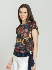 Shaye navy blue printed party top modal satin short sleeves waist belt side view for women