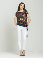 Shaye navy blue printed party top modal satin styled with white pants for women complete look