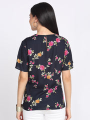 Back view navy blue floral print viscose rayon top keyhole detail short flared sleeves curved hem for women