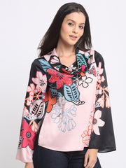 Shaye peach & black floral printed sequin satin top for women lifestyle view