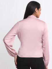 Shaye pink draped party top modal satin full elasticated sleeves curved hem relaxed fit back view for women