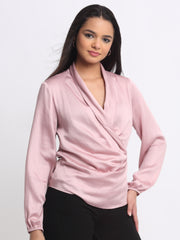 Shaye pink draped party top modal satin shawl collar pleats curved hem relaxed fit front pose for women