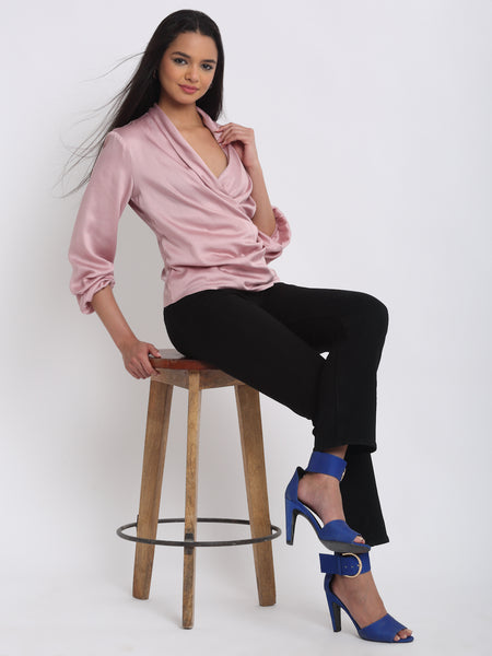 Shaye pink draped party top modal satin shawl collar styled with black pants sitting relaxed for women