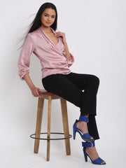 Shaye pink draped party top modal satin shawl collar styled with black pants sitting relaxed for women