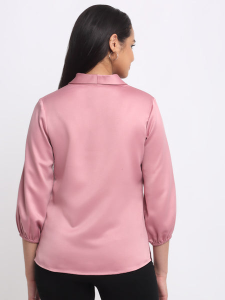 Shaye pink party top satin relaxed fit curved hem back view for women