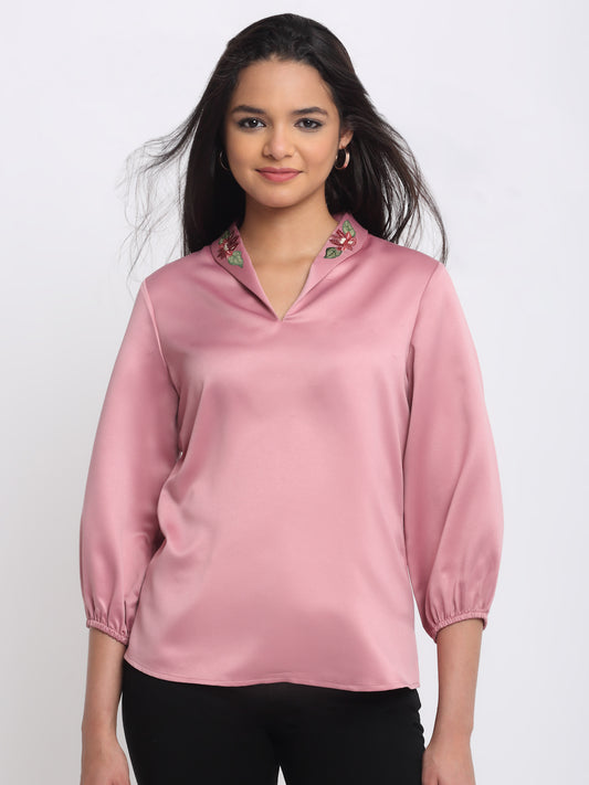 Shaye pink party top satin shawl collar three-quarter elasticated sleeves embroidery curved hem relaxed fit front view for women