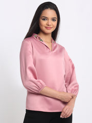 Shaye pink party top satin shawl collar three-quarter elasticated sleeves side view for women
