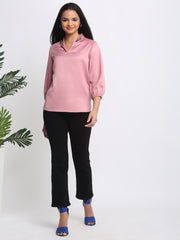 Shaye pink party top satin shawl collar styled with black pants relaxed fit outfit for women