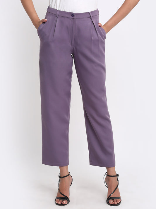 Shaye Edwina Pants purple high rise women's trousers poly lycra belt loop tapered fit front view