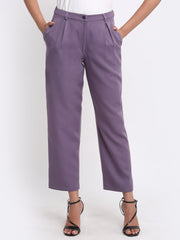 Shaye Edwina Pants purple high rise women's trousers poly lycra belt loop tapered fit front view