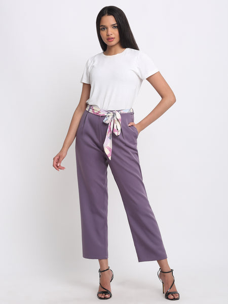 Women's purple trouser Shaye Edwina Pants high rise poly lycra printed belt tapered fit pockets