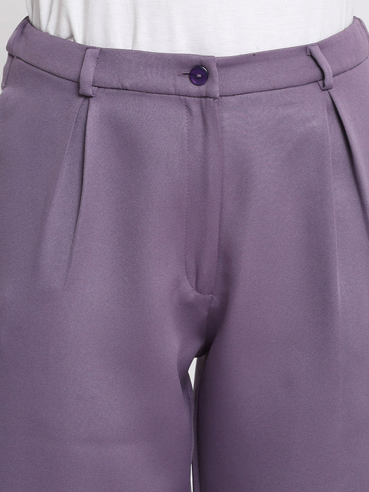 Edwina Pants by Shaye purple trouser high rise waist band belt loop elasticated back pleats detail