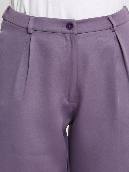 Edwina Pants by Shaye purple trouser high rise waist band belt loop elasticated back pleats detail