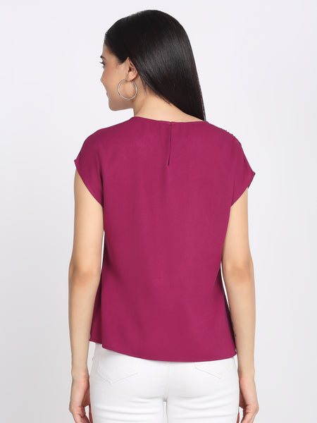 Back view purple crinkled crepe top with keyhole, drop shoulder sleeves, curved hem and relaxed fit
