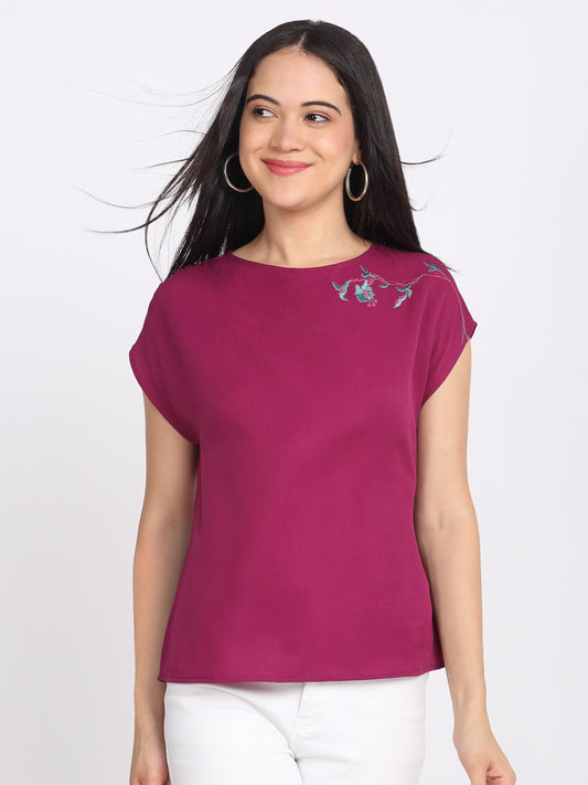Purple crinkled crepe top boat neck short drop shoulder sleeves shoulder embroidery curved hem relaxed fit front view