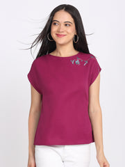 Purple crinkled crepe top boat neck short drop shoulder sleeves shoulder embroidery curved hem relaxed fit front view