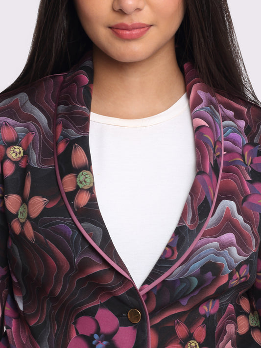 Sofiea Blazer by Shaye purple floral print shawl collar button closure poly lycra blazer chest detail