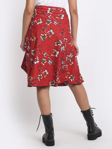 Shaye Nadia Skirt red floral asymmetric party skirt women's corduroy fabric buckle belt back view