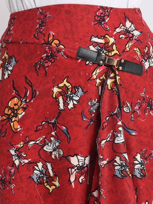 Nadia Skirt by Shaye red floral print party skirt buckle belt zipper closure corduroy waist detail