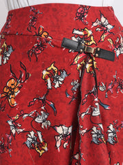 Nadia Skirt by Shaye red floral print party skirt buckle belt zipper closure corduroy waist detail