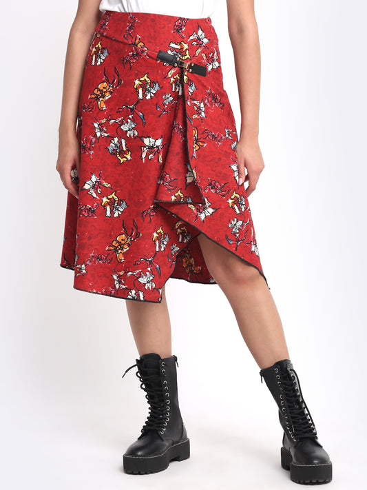 Shaye Nadia Skirt red asymmetric floral print party skirt women's buckle belt detail corduroy front view