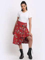 Women's red floral skirt Shaye Nadia Skirt asymmetric hem party wear buckle belt relaxed fit pockets