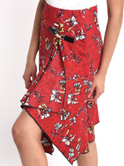 Nadia Skirt by Shaye red asymmetric hem detail floral print party skirt corduroy relaxed fit style