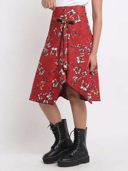 Shaye Nadia Skirt side view red floral asymmetric skirt corduroy partywear buckle belt relaxed fit