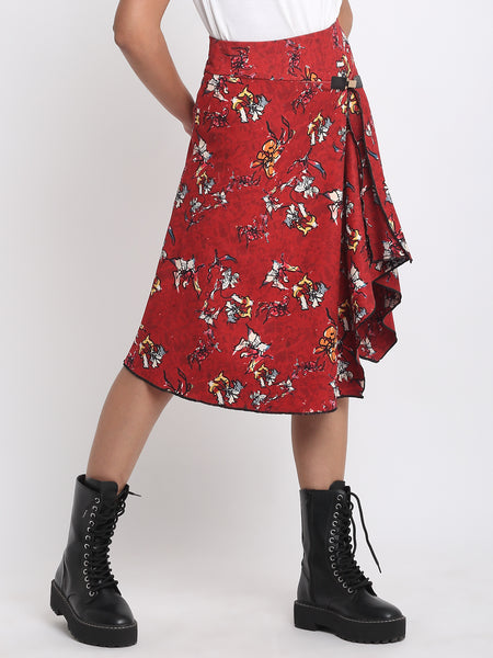 Nadia Skirt Shaye red floral print asymmetric hem women's party skirt corduroy side pose pockets