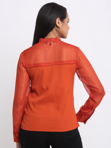 Shaye rust embroidered party shirt crinkled crepe relaxed fit straight hem back view for women